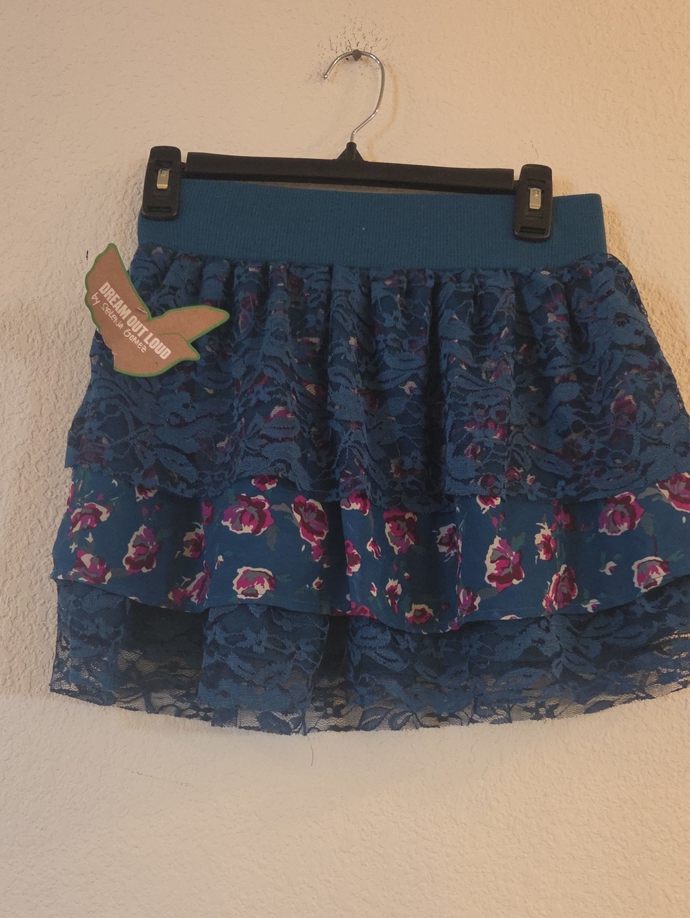 Selena Gomez Teal Blue Floral Lace Tiered Mini Skirt